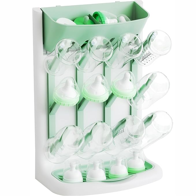 Yieach Larger Vertical Space Saving Drying Rack Baby Bottle for Countertop or Wall- BPA Free - Compact Glass Baby Bottle Rack Dryer & Holder and Storage Station for Pacifiers,Pump Accessories,Green