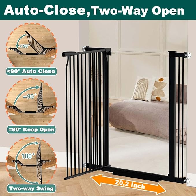 Fairy Baby 40.5" Extra Tall Baby Gate No Drill, 29.6"-40.5" Extra Wide Wide Dog Pet Gate Indoor, Metal Pressure Mounted Safety Child Kid Gate, Auto Close Pet Cat Proof Gate for Stairs Doorway, Black