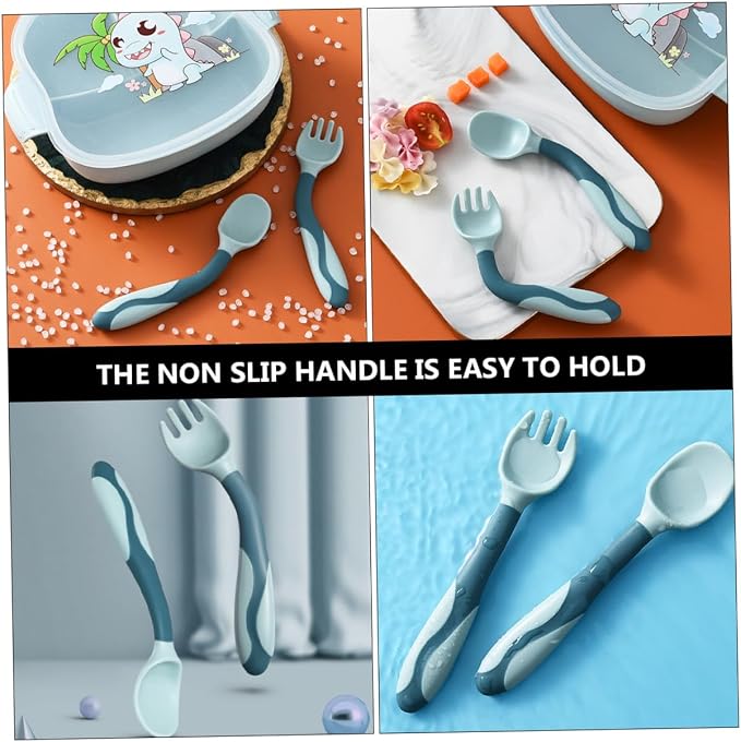 2 Sets Utensils Silicone Training Spoons and Forks with Flexible Bendable Design Non-slip Handle for Self-feeding Pink and Blue