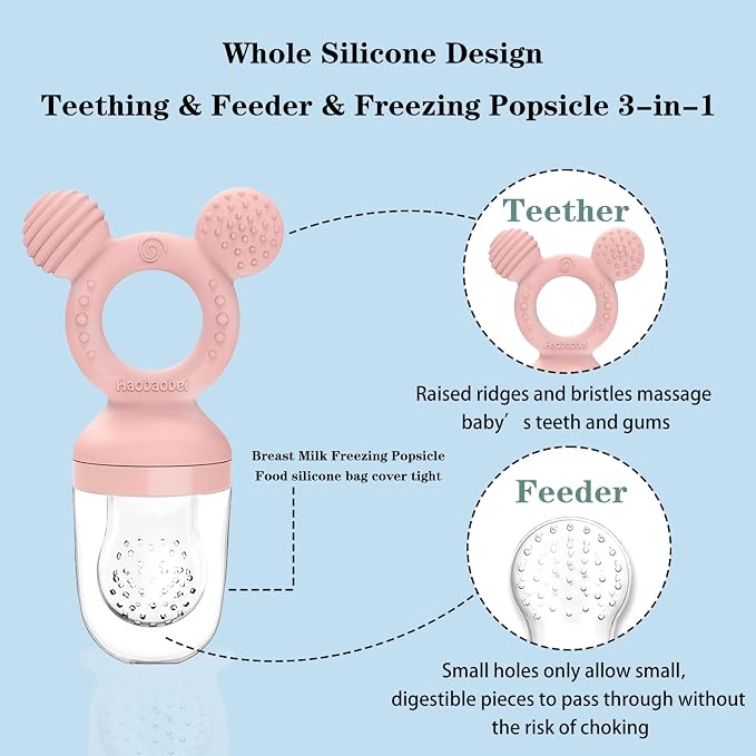 Baby Fruit Feeder, Frozen Teething Toys, Teether Pacifier with 3 Extra Teats, Infant Eating Essentials, BPA Free Baby Feeding Supplies (Pink)