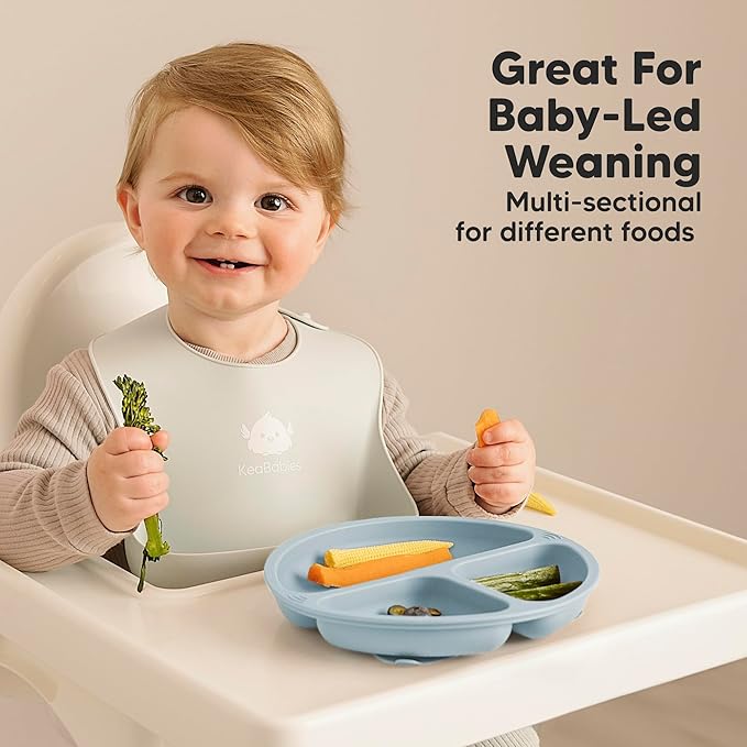 KeaBabies Suction Plates with Lids for Baby - 3-Pack 100% Silicone Toddler Plates with Suction, Divided, BPA-Free Baby Led Weaning Essentials for Kids, Dishwasher, Microwave Safe, Durable (Macaron)