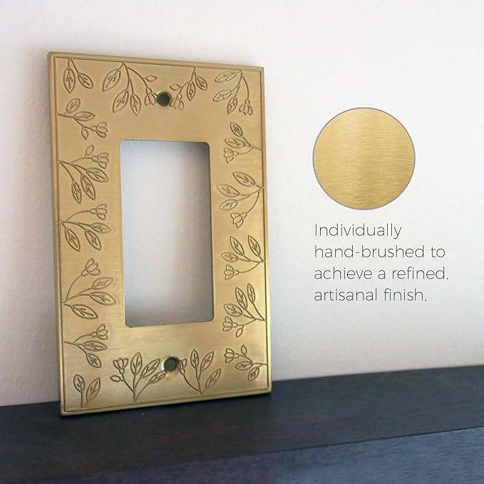 Rio Salto Floral Collection Brushed Brass Rocker Light Switch Plate, 1-Gang 5" x 3.13" Midsize Metal Wall Plates Decorative Outlet Cover Premium Heavy-Gauge Wall Plates