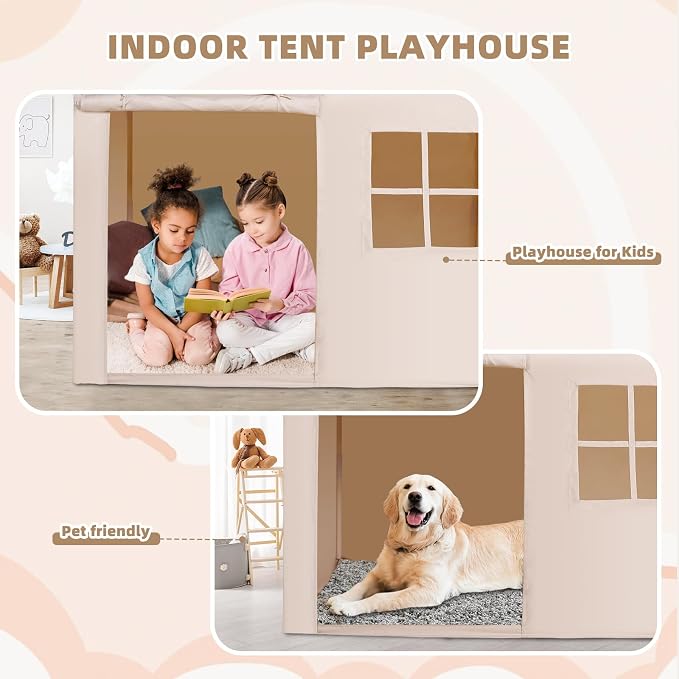 Kids Play Tent Large Playhouse Indoor Outdoor Play House Tent for Boys Girls Toddlers Castle Tents with Banners (Beige(with One Window))