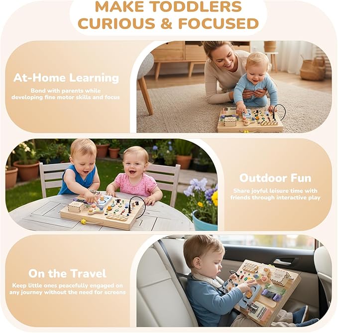 Sanlebi Wooden Busy Board Montessori Toys for Toddlers with Buttom Switch, Music Box & Locks, Sensory Activity Board Learning Toy Gifts