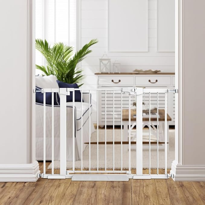 Easy Step Walk-Thru Baby Gate ??Adjustable Safety Gate for Babies & Pets, Pressure Mount Kit, Includes Wall Cups ??29.7-48.8W x 30.5H, Auto-Close White