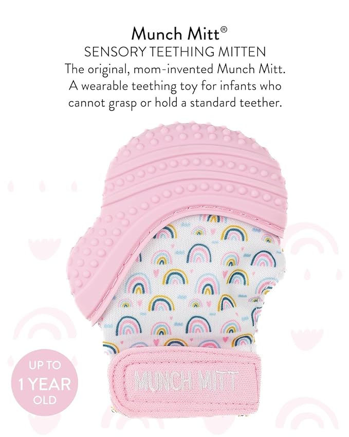 Munch Mitt Patented Teething Mitten Baby Chew Toy - Protects Hands from Chewing & Saliva, Heals Aching Gums, Promotes Sound & Visual Stimulation for Babies - Pink Rainbow