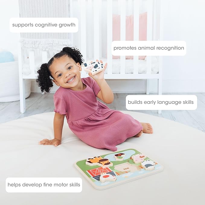 Pearhead Wooden Barn Puzzle, Farm Animal Learning Puzzle for Toddlers, Learn Animal Sounds Pegged Puzzle, Montessori Educational Toy
