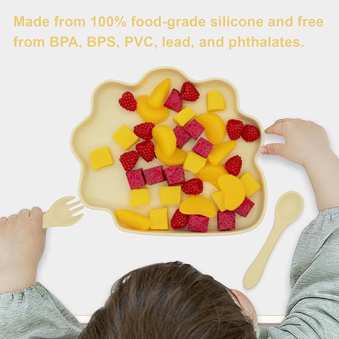 BabyX Baby Silicone Feeder Set, 3-pcs Safari Wildlife-themed Baby Plate with Suction, Spoon and Fork for Babies Toddler Kids, BPA-Free, Baby Utensils Feeding Supplies, Microwave and Dishwasher Safe