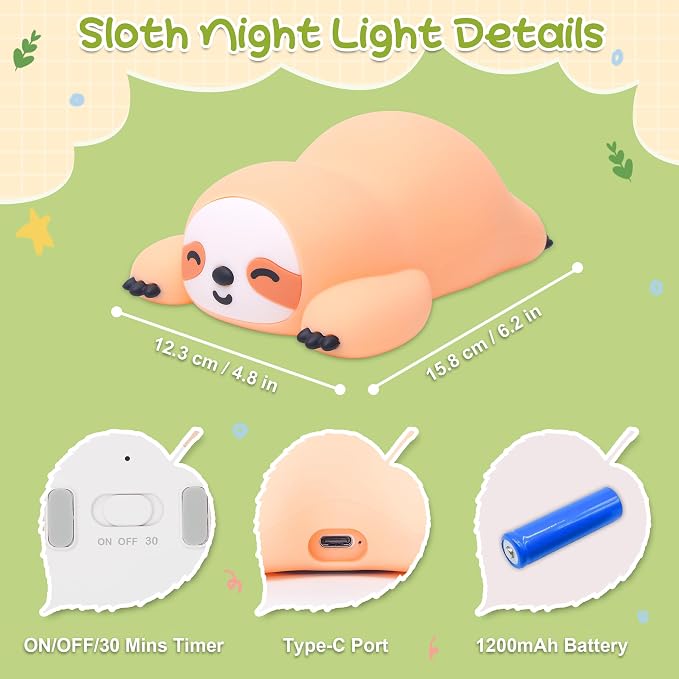 Sloth Night Light, Cute Squishy Lamp for Bedroom, Silicone Animal Dimmable & Timer Rechargeable Nightlight for Girls Boys Kids, Home Decor Christmas Birthday White Elephant Gifts