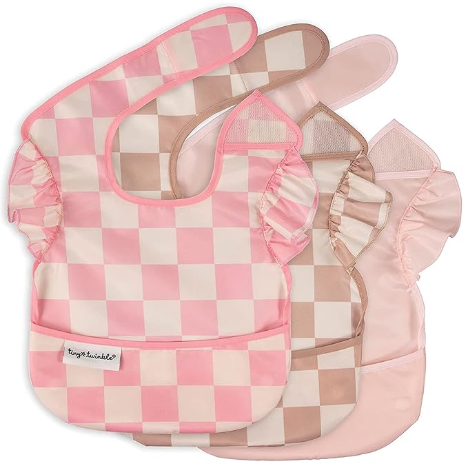 Tiny Twinkle Mess-Proof Baby Bibs for Eating | Waterproof, Wipeable Toddler Bibs with Catch-All Pocket | Feeding Bibs for Girls & Boys(3 Pack,Checkers Girl)