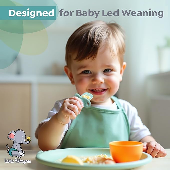 LittleWhispers Baby Silicone Spoons - Self Feeding 6 Months - Infant, Toddler, & Kid Friendly Utensils - First Stage, Baby Led Weaning - 4 Pack Utensil Set (Soft Blues)