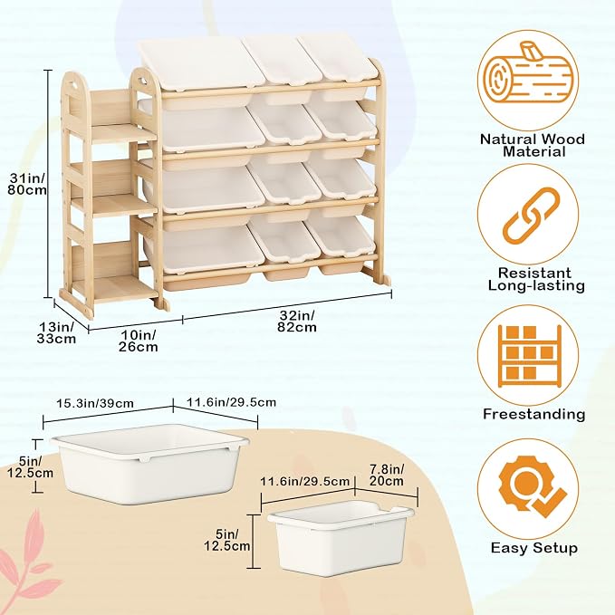 Toy Storage Organizer, Wooden Toy Organizers and Storage with Bookshelf, Toy Storage Shelf with 3 Shelves and 12 Storage Bins, Kids Bookshelf for Playroom, Nursery, Bedroom, Bookcase for Kids, White