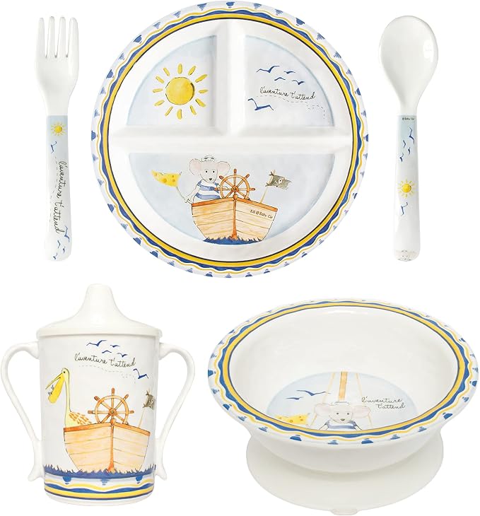 Baby Cie Kids and Baby Melamine Place Setting Sippy Cup, Suctions Bowl, Section Plate and Fork Spoon Set (ADVENTURE AWAITS)