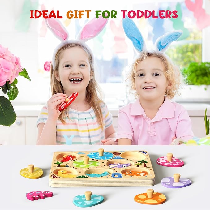 Zeoddler Wooden Puzzles for Toddlers, 8 Pcs Dinosaur Matching Egg Puzzle, Montessori Toys for Boy Girl Easter Birthday Gifts, Preschool Learning Activities & Educational Toys for Boys, Girls