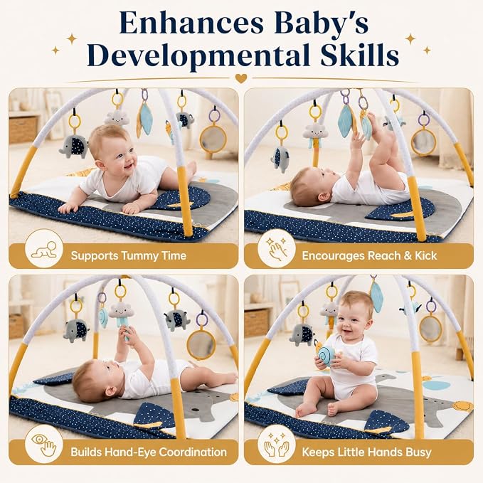 Baby Play Gym – Tummy Time Mat for Infants, Baby Activity Mat, Play Mat for Babies 0-18 Months, Infant Play Mat with Detachable Toys, Soft Velvet Play Mat, Sensory & Montessori Gym