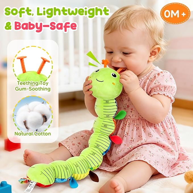 Baby Sensory Toys 0-6 6-12 Months, Stuffed Musical Caterpillar Animal Toys for Babies 3-6 Months with Rattles Crinkle Squeaker, Infant Tummy Time Toys for Newborn Baby Boy Girl Gifts, Green