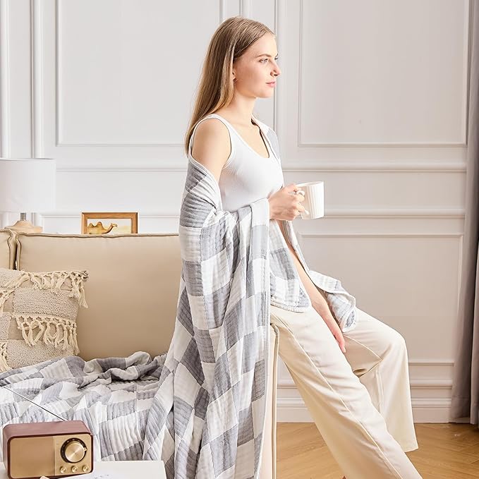 EMME Cooling Muslin Blanket for Adults - Checkered Lightweight Summer Cotton Throw Blankets of Rayon Derived from Bamboo for Hot Sleepers, Soft Breathable Gauze