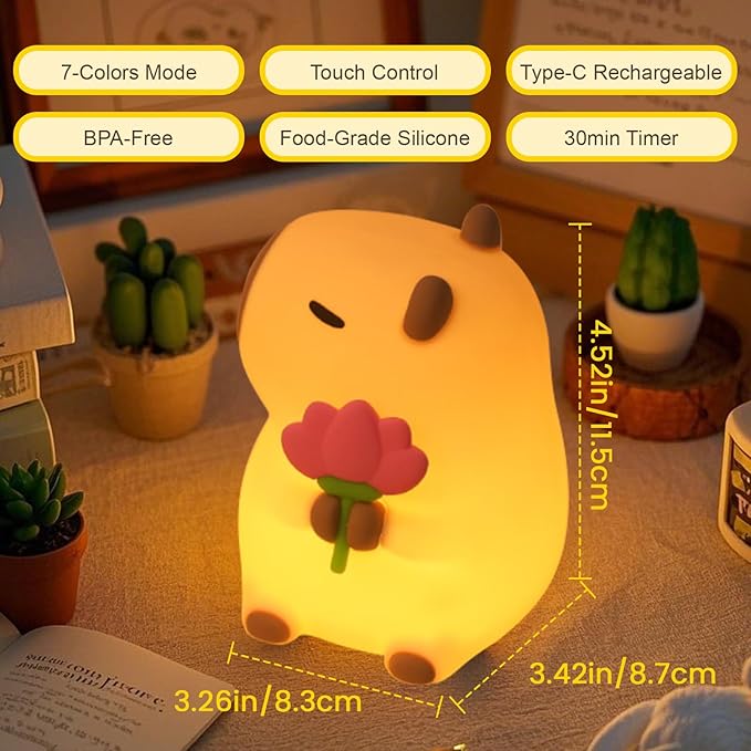 Capybara Night Light, Nursery Lamp, 7-Color RGB & 3-Level Dimmable WarmLight, Tap Control, 30Min Timer, 100% Safe &Soft Silicone, Adorable, Soothing Ambiance, Gift for Kids, Detachable Flower