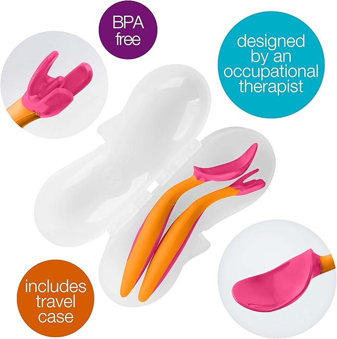 b.box Toddler Cutlery Set: Patented FLORK??Designed Fork, Spoon & Travel Case, Easy Grip Handles, Dishwasher Safe, BPA Free (Strawberry Shake)