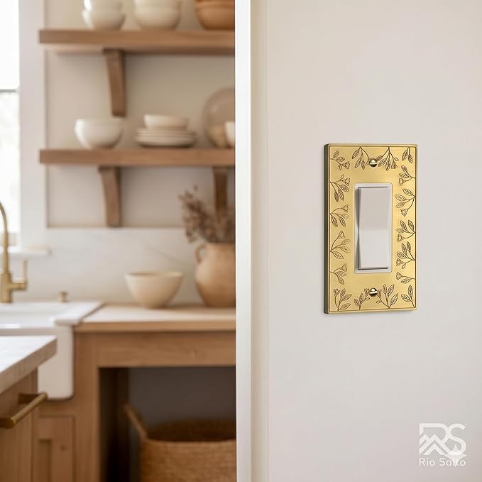 Rio Salto Floral Collection Brushed Brass Rocker Light Switch Plate, 1-Gang 5" x 3.13" Midsize Metal Wall Plates Decorative Outlet Cover Premium Heavy-Gauge Wall Plates