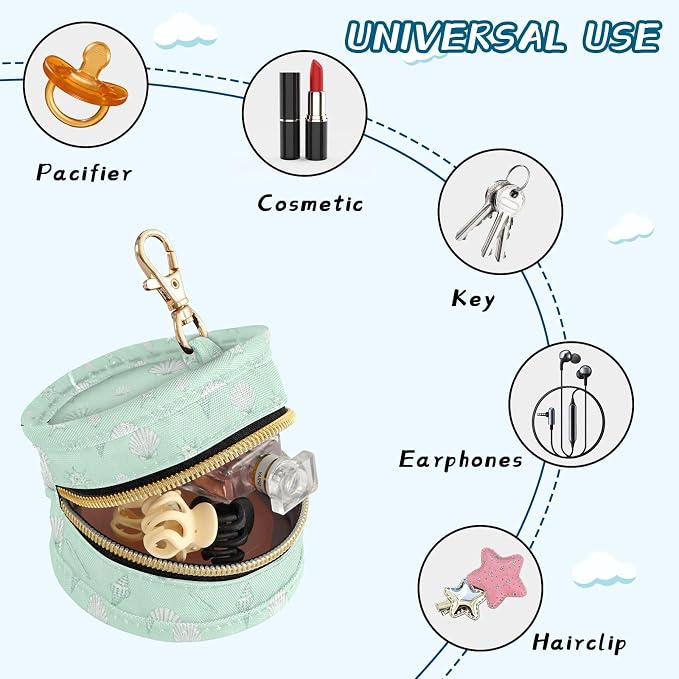 Baby Pacifier Case with Clip, Seashell Portable Pacifier Holder, TPU Lined Dust-Proof Storage Pouch for Diaper Bag and Stroller