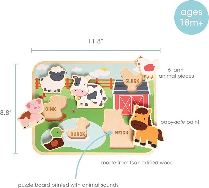 Pearhead Wooden Barn Puzzle, Farm Animal Learning Puzzle for Toddlers, Learn Animal Sounds Pegged Puzzle, Montessori Educational Toy