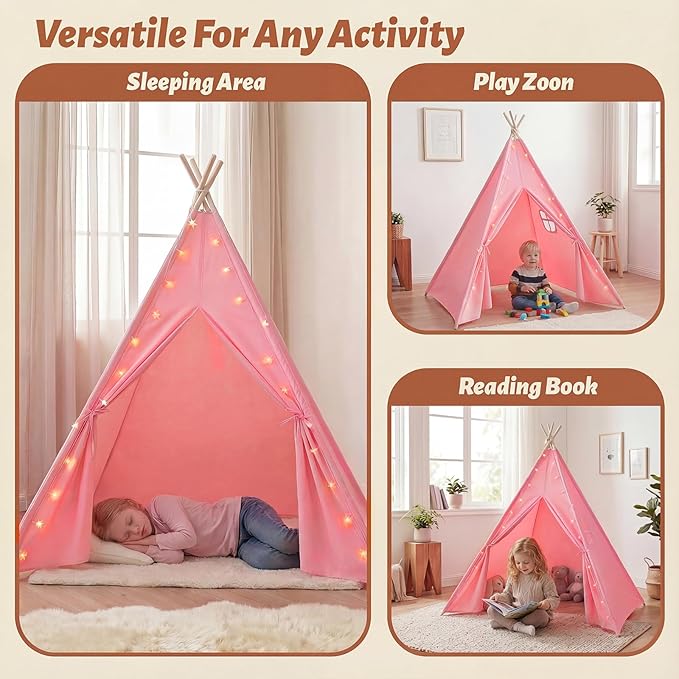 Wilwolfer 4 Pack Teepee Tent for Kids, Foldable Indoor Play Sleepover Tent with Star Lights for Girls Party, Portable Toddler Slumber Party Tents Gift, Pink