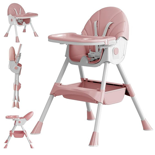Baby High Chair, 5 in 1 High Chairs for Babies and Toddlers, Travel Foldable High Chair with Detachable PU Cushion, Double Removable Tray, Adjustable Height & Recline, Locking Wheels (Pink)