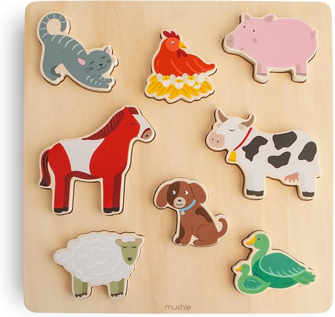 mushie Wooden Farm Puzzle | for Kids 3 Years+ | Preschool Educational & Toddler Montessori Toys (8 pcs)
