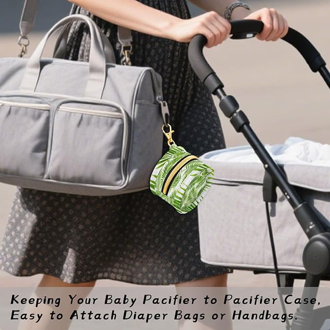 Pacifier Holder with Clip Pacifier Case for Diaper Bag Round Baby Pacifier Pouch Box Bag Portable Green Palm Leaves02