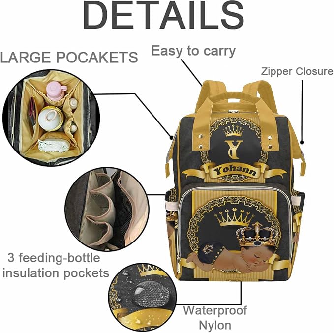 M YESCUSTOM Personalized Baby Diaper Bags for Women Men, Custom Golden Black Prince Backpack Customized Nappy Mommy Bag Backpack for Son Daughter Travel, Camping, Hiking Picnic
