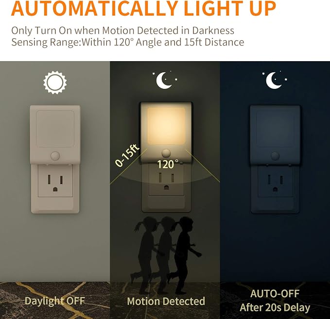 Plug-in Motion Sensor Night Light, Adjustable Brightness Warm White LED Nightlight for Kitchen, Hallway, Stairway, Bathroom, Bedroom (1 Pack)