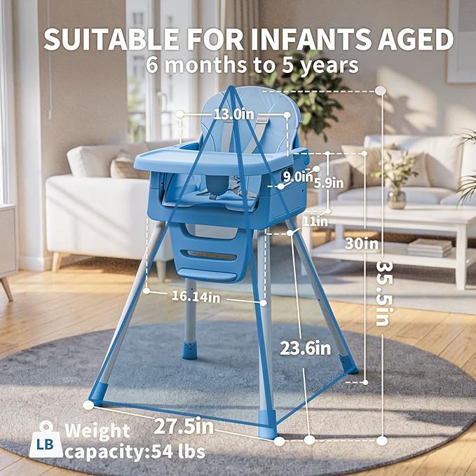 3 in 1 Convertible High Chairs for Toddlers 1-3 Baby Feeding Chair with Tray Wipeable Infant Highchair Sit Up High Chair for Babies and Toddlers with 5-Point Safety Harness & Cushion Blue