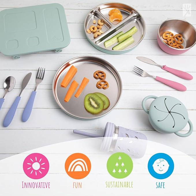Elk and Friends Stainless Steel Divided Plates with Silicone Sleeve for Babies & Toddlers | Lids Included | Stay Put Suction | Dinner & Snack Plates | 2 Pack