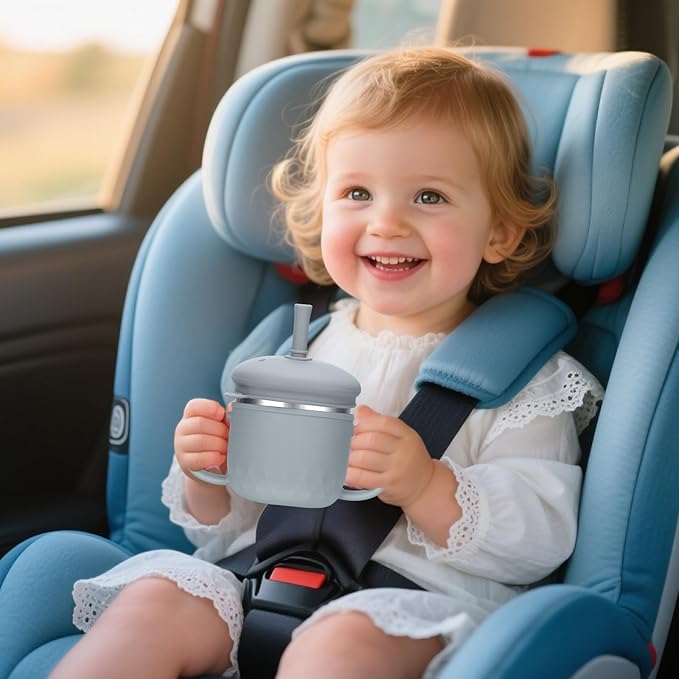 BUSOHA Stainless Steel Toddler Sippy Cup ??8oz Spill-Proof Straw Cup for 6+ Month Babies & Toddlers, 3-in-1 Reusable Travel Cup with Brush ??Dishwasher Safe, Kids Drinking Cup,Grey