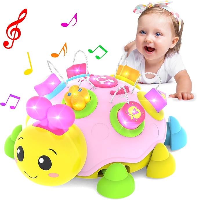 Baby Crawling Toys 6-12 Months,Musical Ladybug Crawling Toy for Infants 0-3-6 7 8 9 10 12-18 Months,Early Education Light Up Music Walking Toys,Shape Matching,Tummy Time Toys for Boy Girl Gift.(Pink)