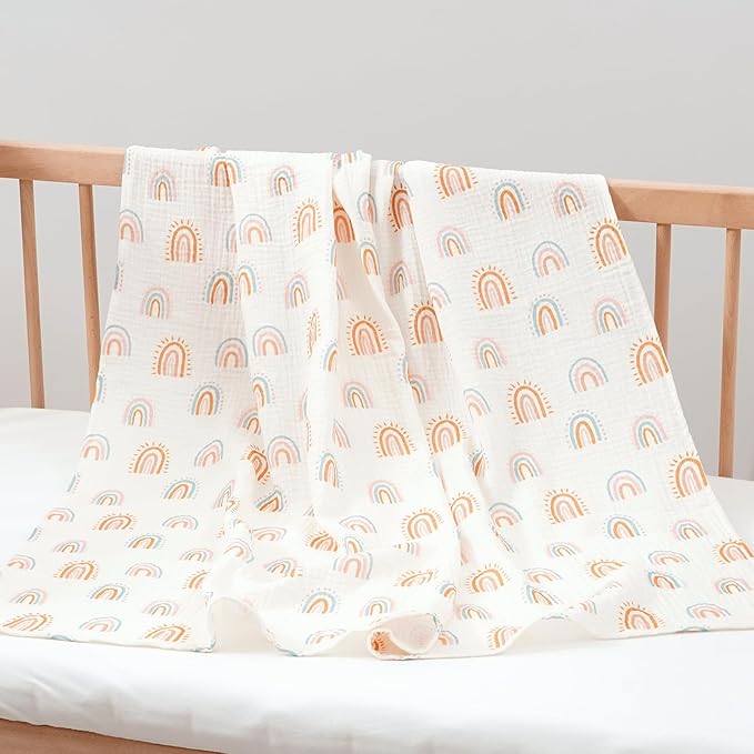 Happy Flute 4Set Muslin Swaddle Blankets??œUltra Soft Baby Blanket for Newborns,Receiving Blankets for Baby Girls & Boys??œBaby Essentials 0-3 Years,40x40inches (Sun)