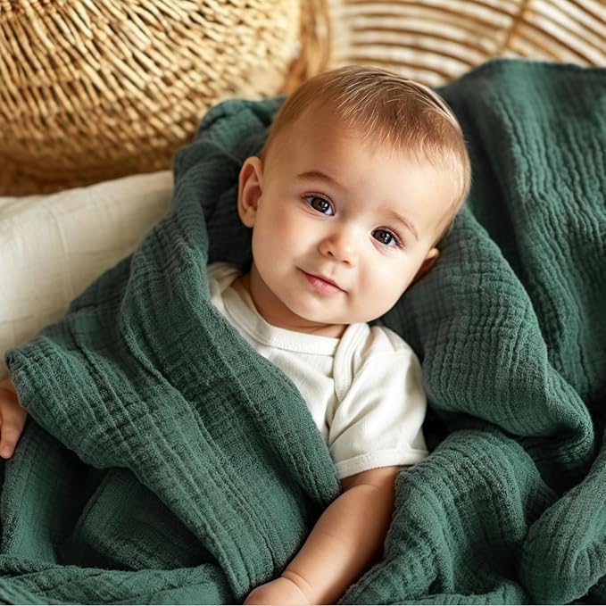 EMME Muslin Baby Blankets 100% Cotton 4-Layer Swaddle 40"x50" Lightweight Soft Breathable for Toddler, Infant, Newborn All Season Gauze Blanket, Forest Green