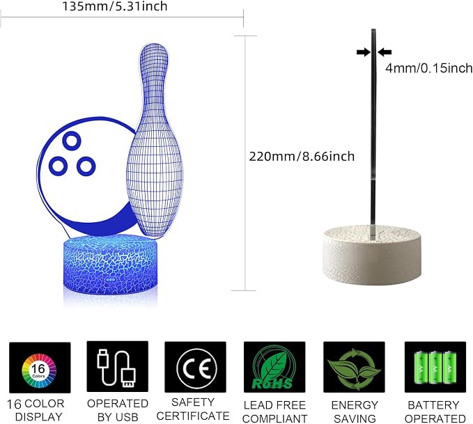 3D Illusion Bowling Night Light Teenager Christmas Gifts Xmas Gift Lamp 16 Color Change Touch White Crack Base Birthday Present with Remote Control Boys Girls