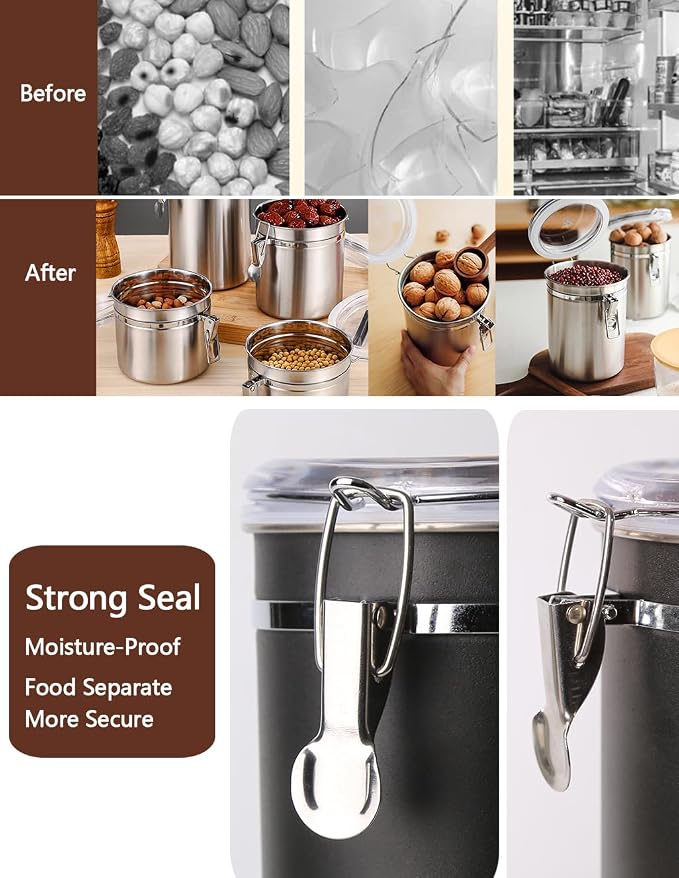 Walktosun Stainless Steel Food Container with Clear Lids Airtight Storage Container Small Canisters Kitchen Pantry Storage for Cereal, Snacks, Candy, Herbs, Spices, Sugar, Tea (1.8L Dark Black)