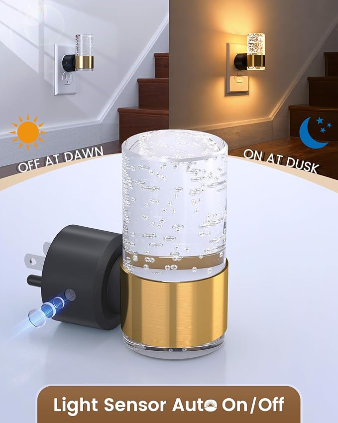 NIORSUN Night Light Plug into Wall, Dimmable Nights Lights with 3 CCT & 5 Brightness Levels, Slim Acrylic Plug in Night Light, Auto Dusk to Dawn Sensor for Stairs, Hallway, Bathroom, Gold, 6 Pack