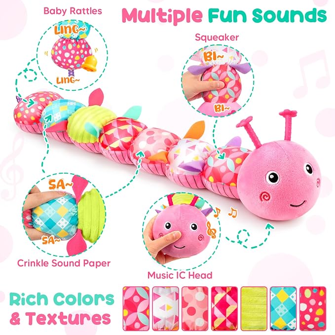 Baby Sensory Toys 0-6 6-12 Months, Stuffed Musical Caterpillar Animal Toys for Babies 3-6 Months with Rattles Crinkle Squeaker, Infant Tummy Time Toys for Newborn Baby Boy Girl Gifts, Pink