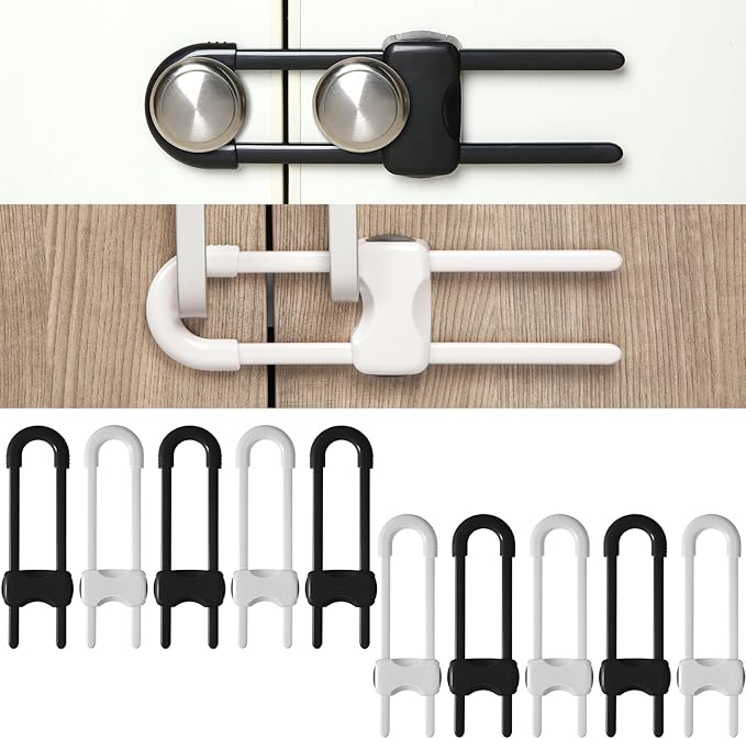 Jetec 10 Pieces Cabinet Locks for Babies, U-Shaped Proofing Drawers Safety Child Locks Adjustable, Easy to Use Childproof Latch for Knob Handle on Kitchen Door Storage Cupboard Closet (White, Black)