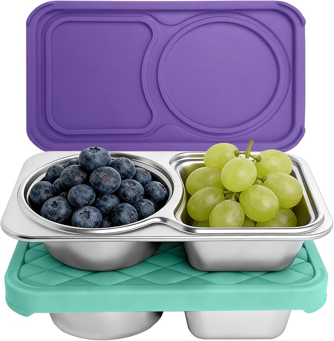 2 Pack Stainless Steel Snack Containers, 2 Compartment Snack Container with Silicone Lids, Easy Open Leak Proof Reusable Metal Toddler Snack Containers for Daycare (purple, blue)