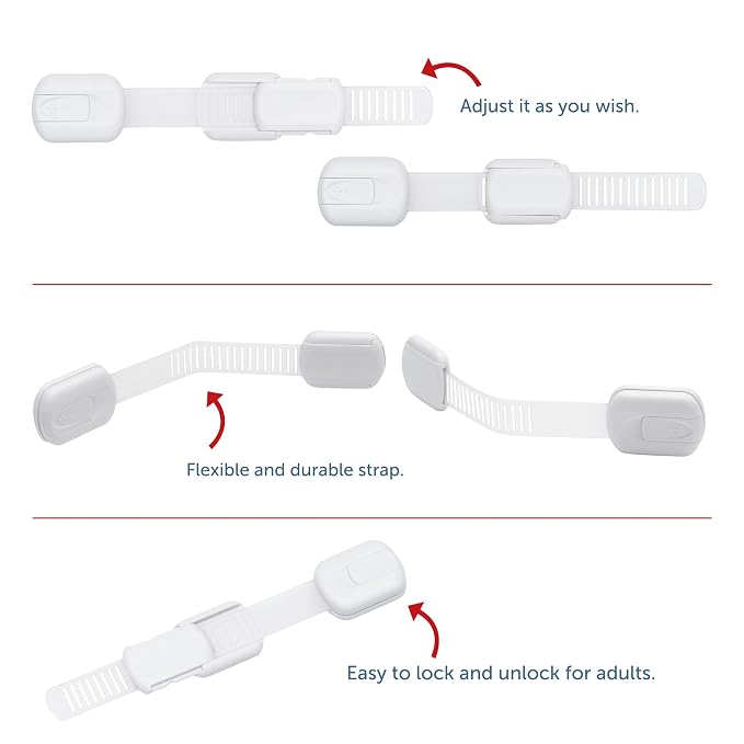 Child Safety Cabinet Locks (10 Pack) – Adjustable Baby Proofing Strap Latches with Strong 3M Adhesive – No Drill Childproof Locks for Drawers, Cabinets, Fridge, Door, Closet, Grey