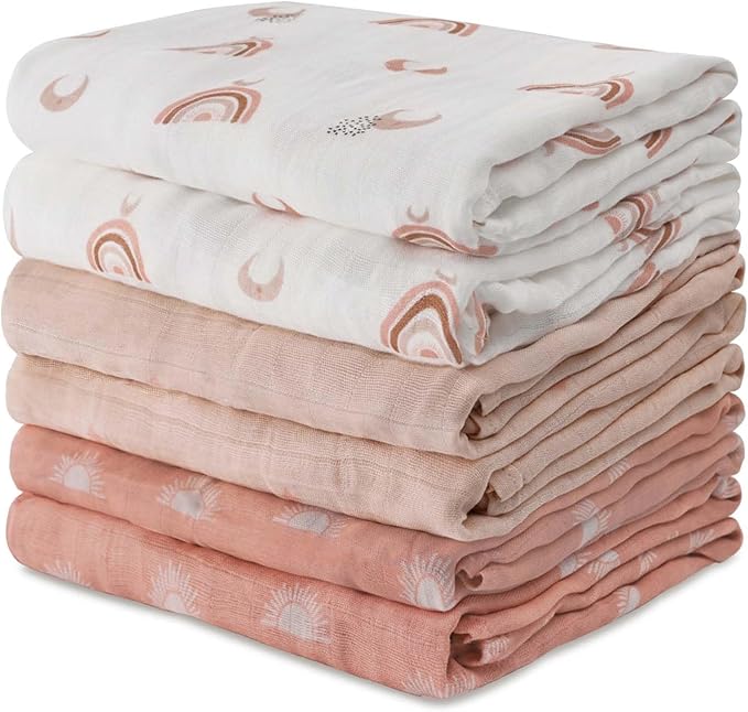 GLLQUEN BABY Receiving Blanket Boy Cotton Muslin Swaddle Blankets Girl Newborn Squares Breathable & Soft Thin Baby Blankets Cloths Double Absorbent Infant Swaddling Wrap - 6 Pack (Sun)