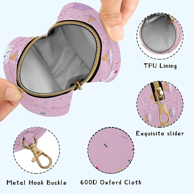 Pacifier Holder with Clip Pacifier Case for Diaper Bag Round Baby Pacifier Pouch Box Bag Portable Small Pink Ice Cream
