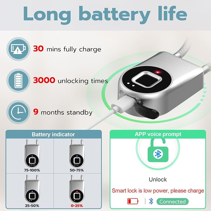 Fingerprint Cable Lock, Fridge Lock Child Proof Cabinet Locks with Bluetooth APP Control, Waterproof Refrigerator Lock French Door, Gate, Kitchen, Freezer, Cabinets and Drawers-Sliver