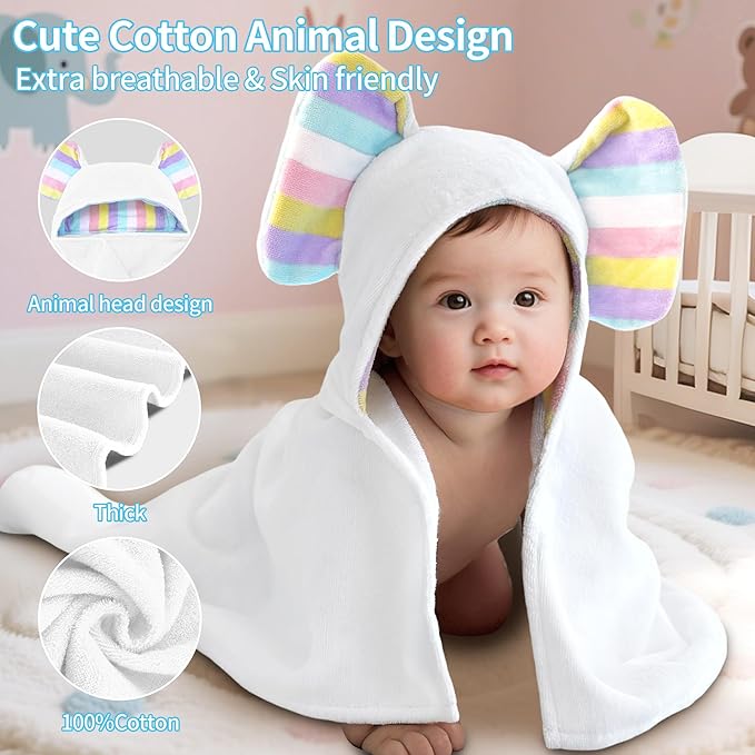VOOVA & MOVAS Cute Elephant Ears Large Hooded Towel for Baby ??100% Cotton, 420GSM, Thick & Super Absorbent ??33" x 31.5", for 0??8 Months ??Newborn, Toddler, Infant Bath Towel, Baby Essentials，White