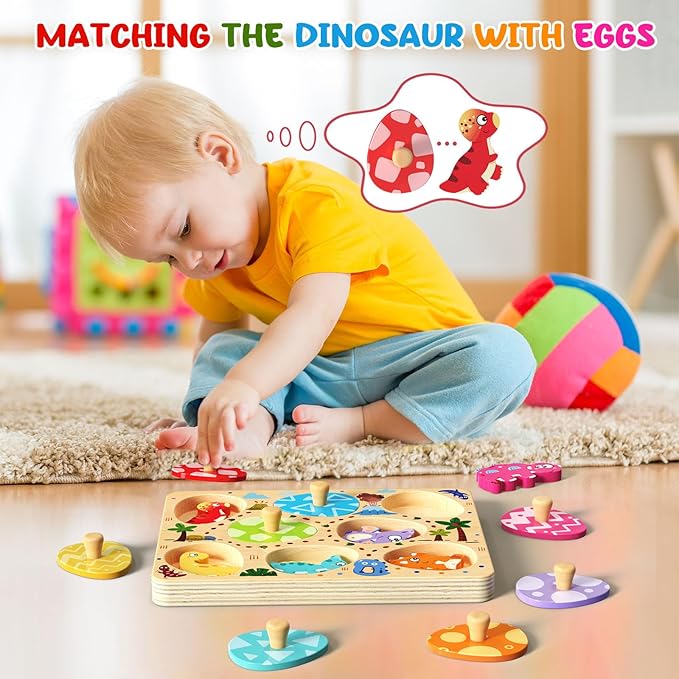Zeoddler Wooden Puzzles for Toddlers, 8 Pcs Dinosaur Matching Egg Puzzle, Montessori Toys for Boy Girl Easter Birthday Gifts, Preschool Learning Activities & Educational Toys for Boys, Girls